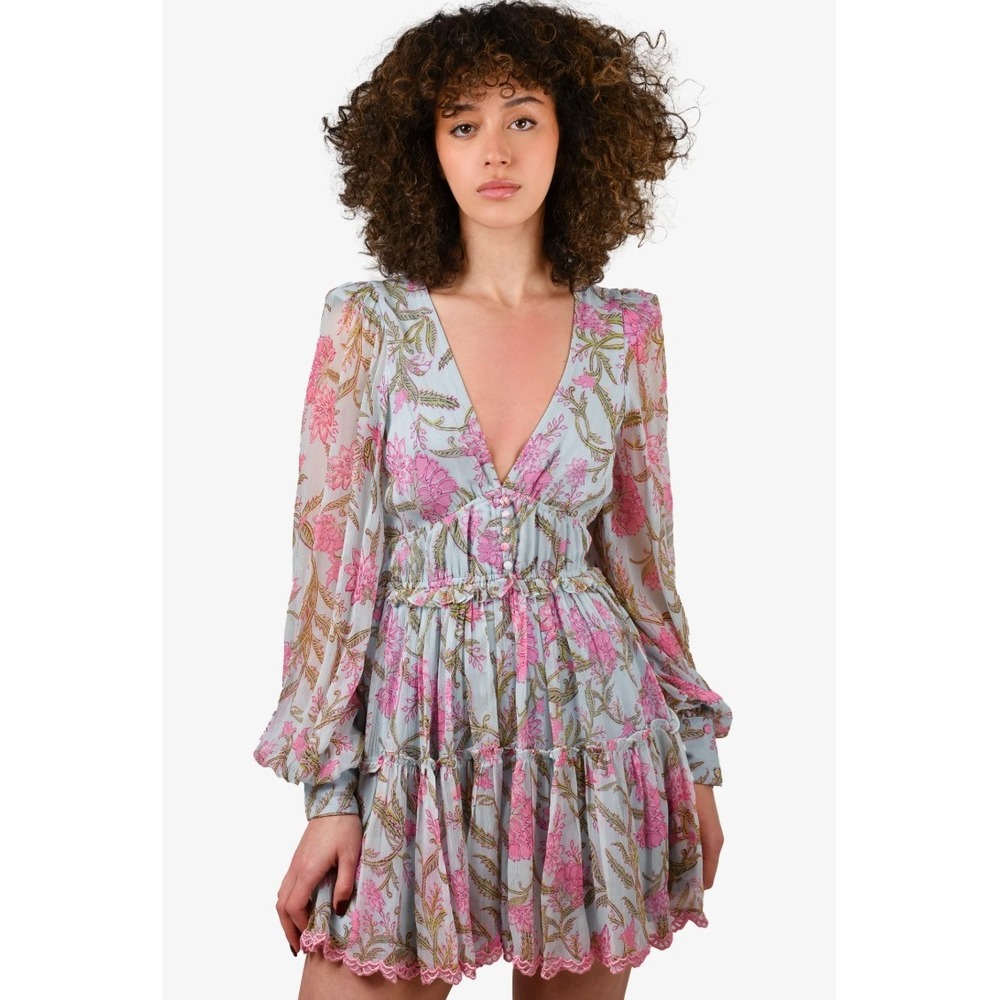 Hemant‎ and Nandita Asia Mini Dress Womens XS Blue/Pink Boho Chic Tiered Ruffle